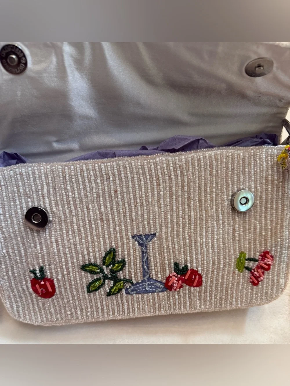 Handcrafted Beaded White Cherry Martini Shoulder Bag NWT Tik Tok Viral - Picture 8 of 8